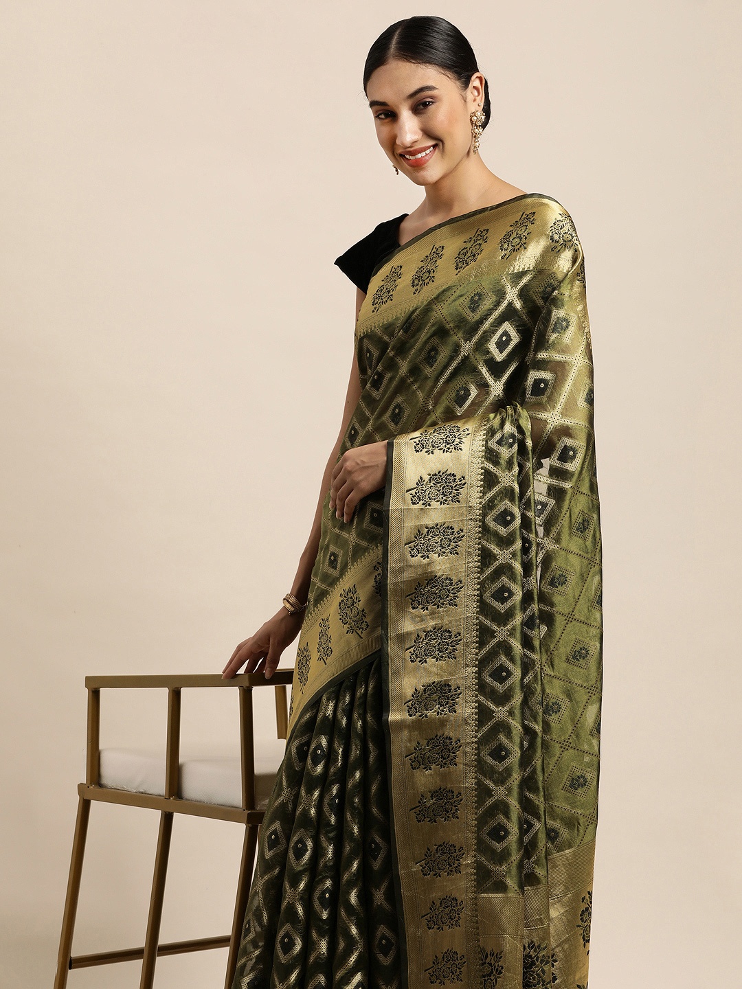 

Saree Swarg Green & Black Ethnic Motifs Zari Organza Banarasi Sarees