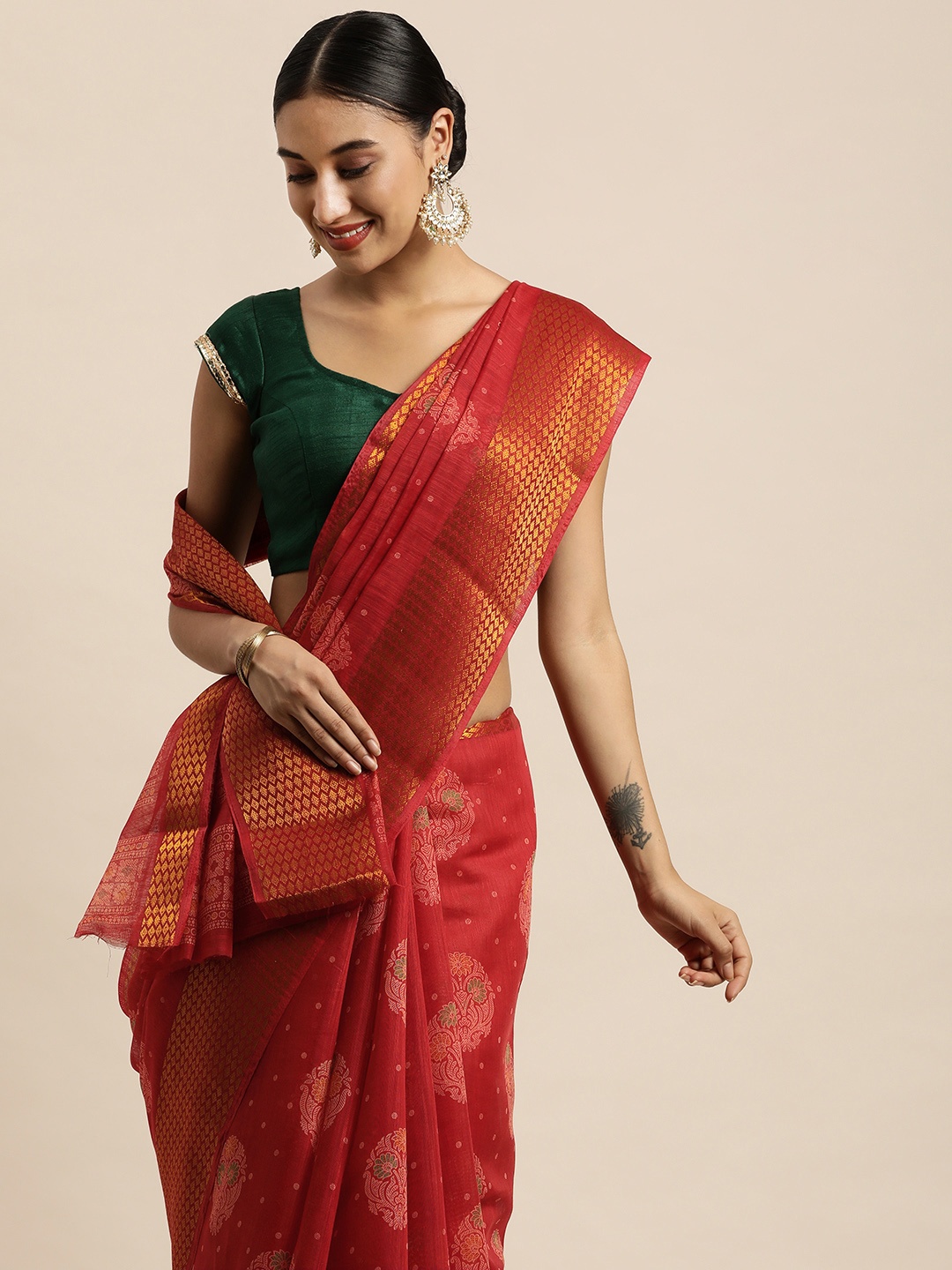 

Saree Swarg Red & Pink Ethnic Motifs Chanderi Sarees