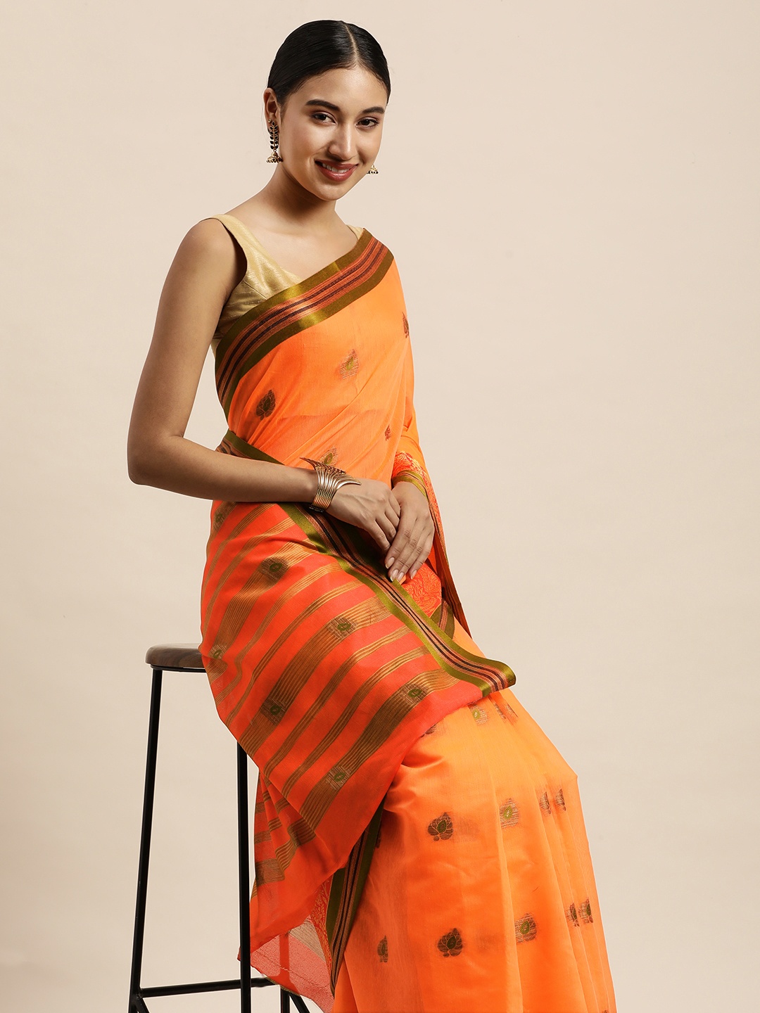 

Saree Swarg Orange & Gold-Toned Ethnic Motifs Zari Chanderi Sarees