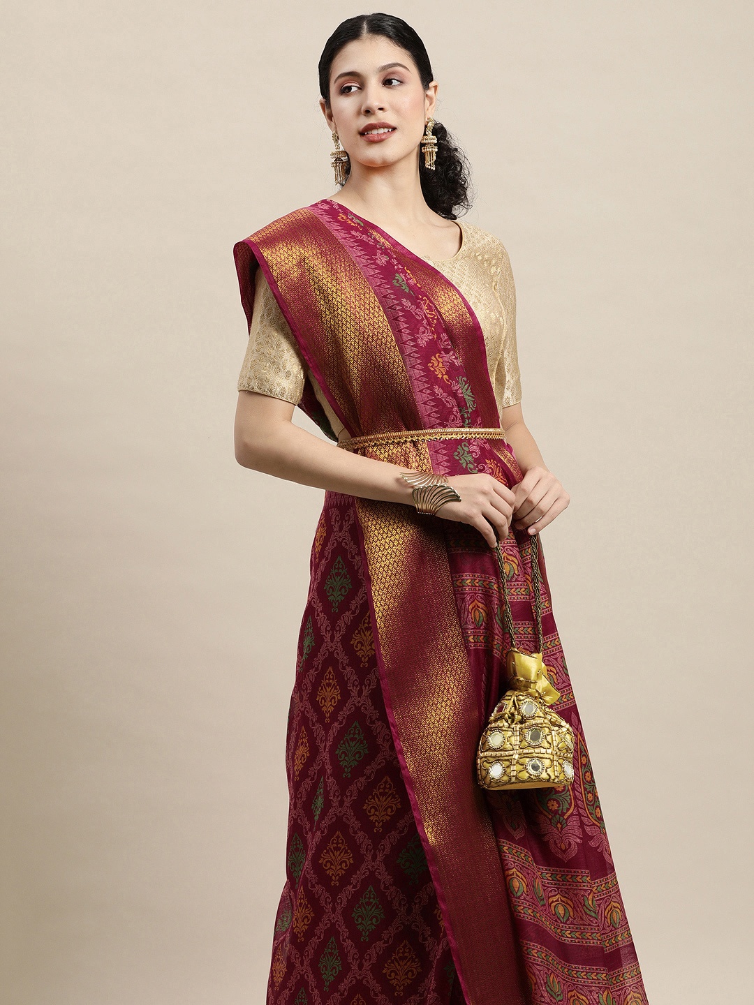 

Saree Swarg Burgundy & Pink Ethnic Motifs Chanderi Sarees