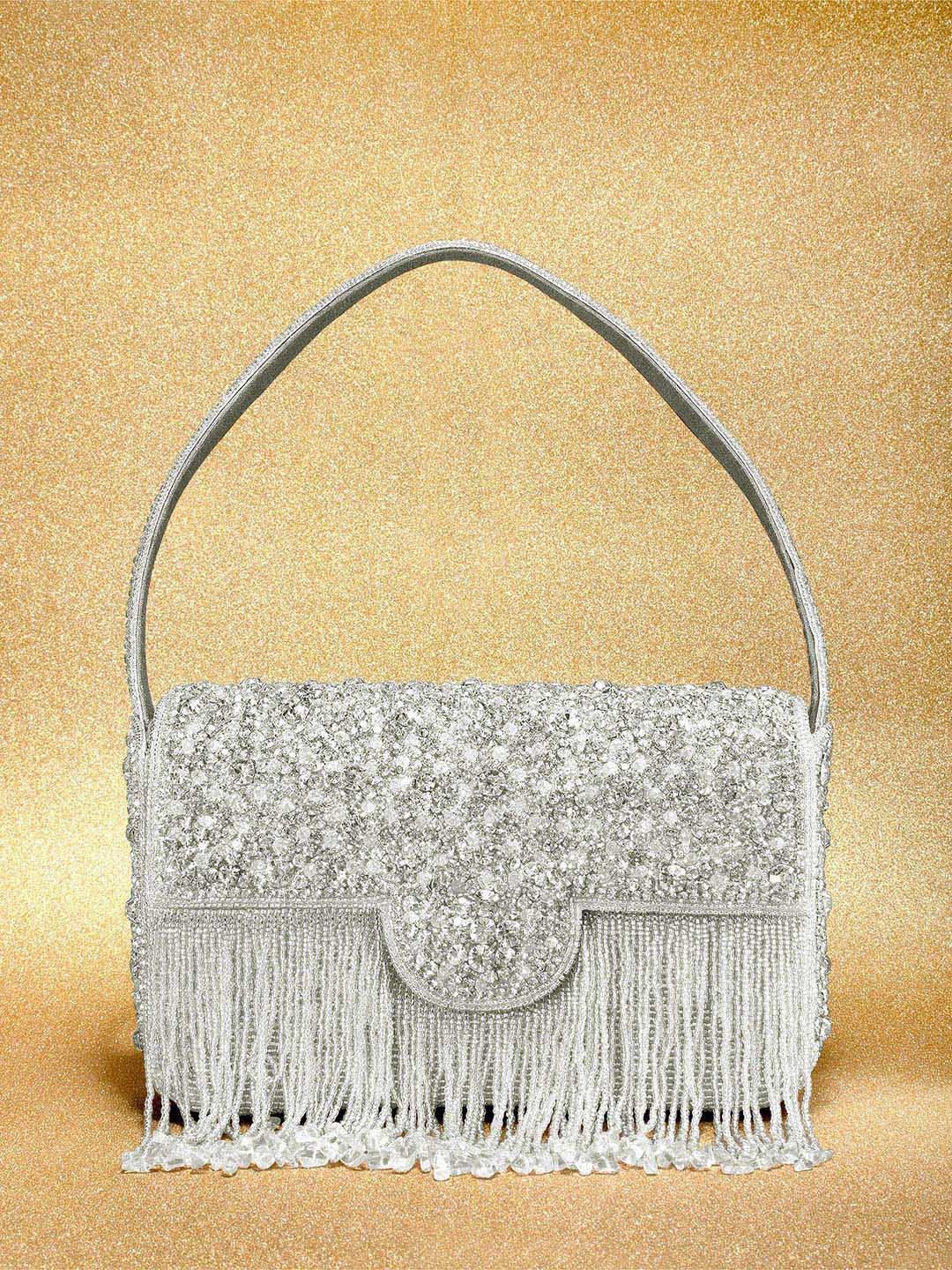

Peora Silver-Toned Embellished Stone Studded Purse Clutch
