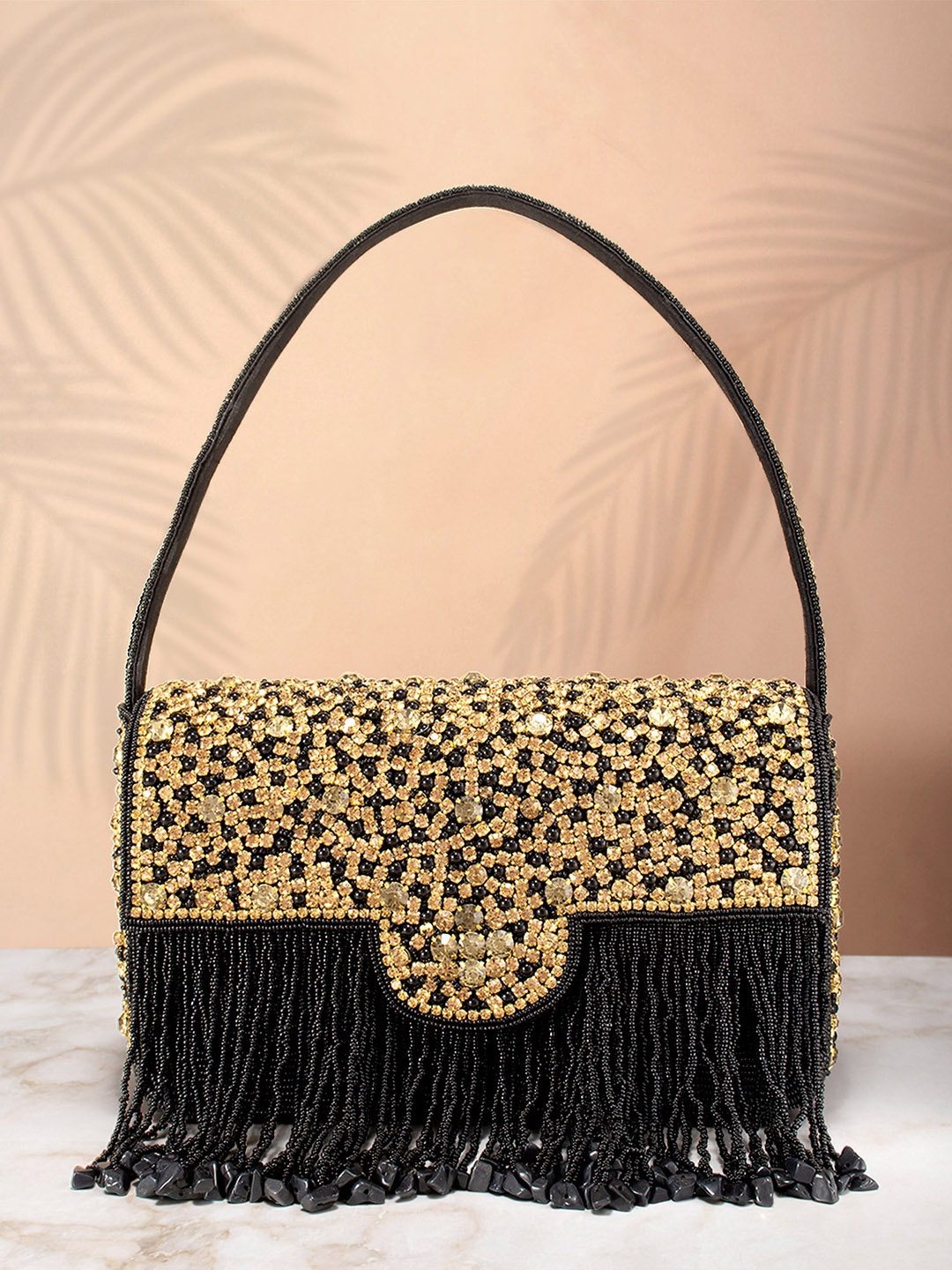 

Peora Black & Gold-Toned Stone Studded Embellished Purse Clutch