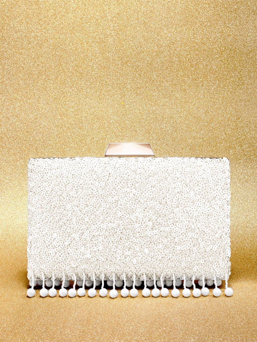 

Peora White & Gold-Toned Embellished Purse Clutch