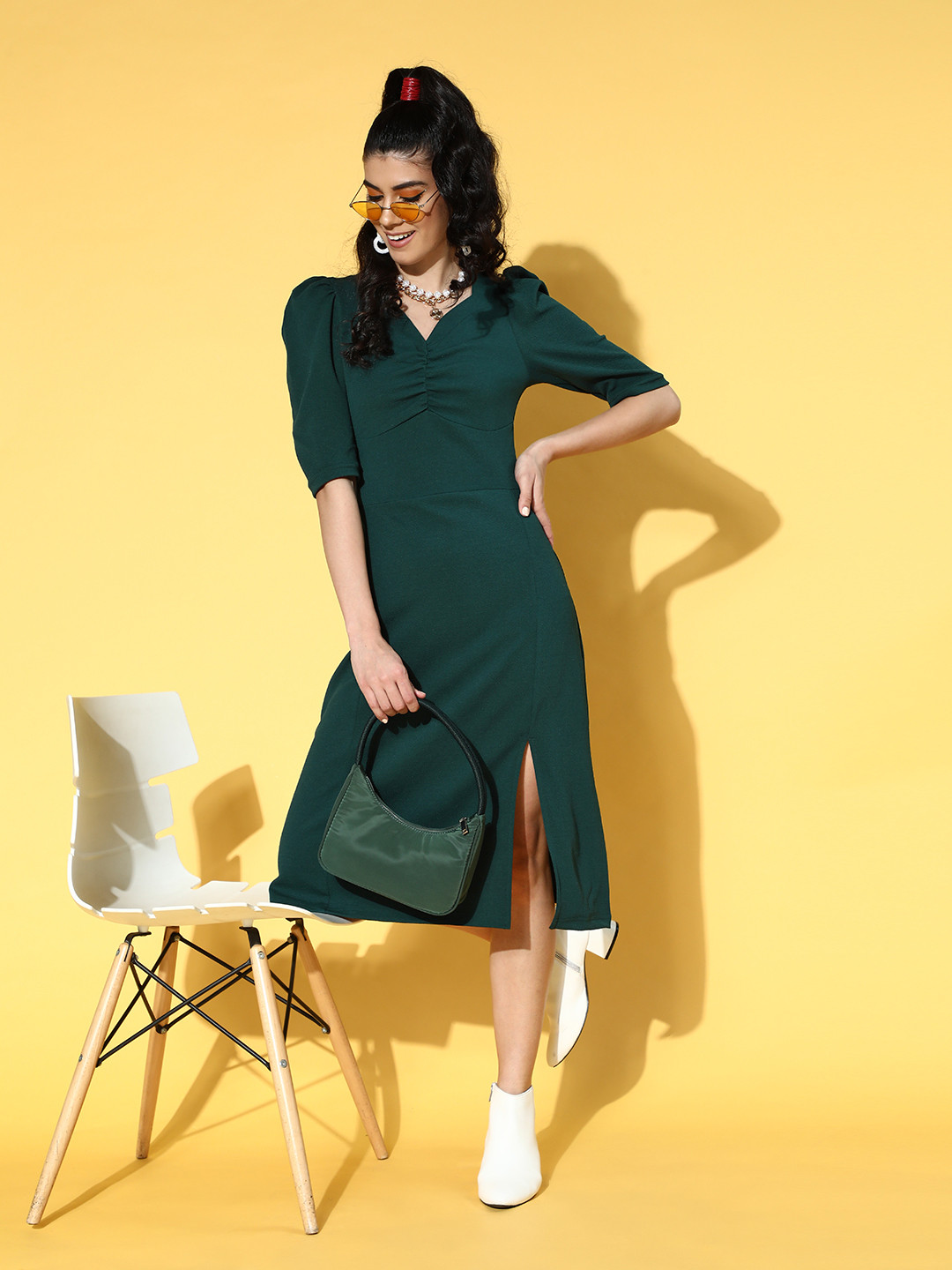 

plusS Women Gorgeous Green Solid Volume Play Dress