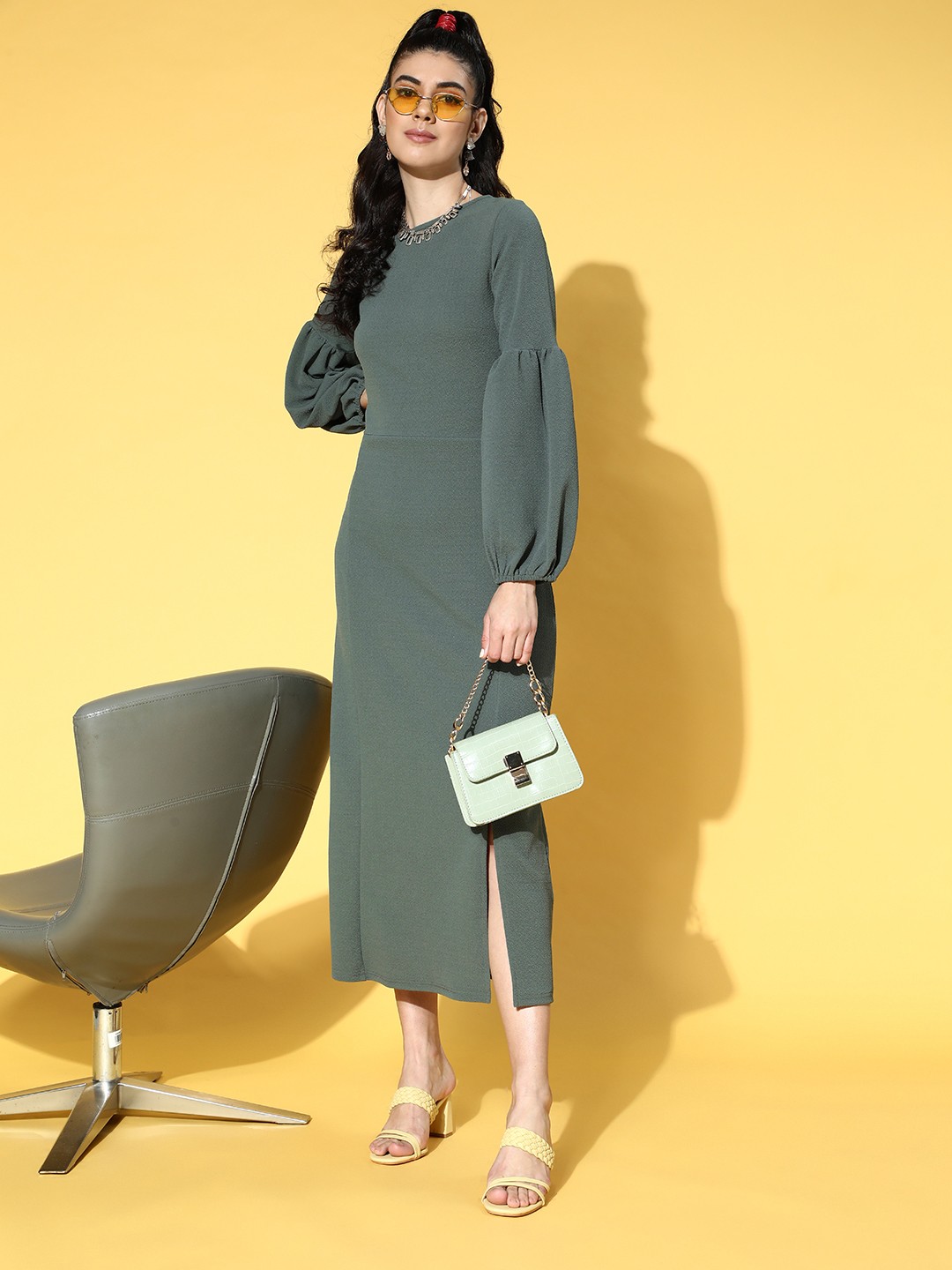

plusS Women Enchanting Sea Green Solid Volume Play Dress