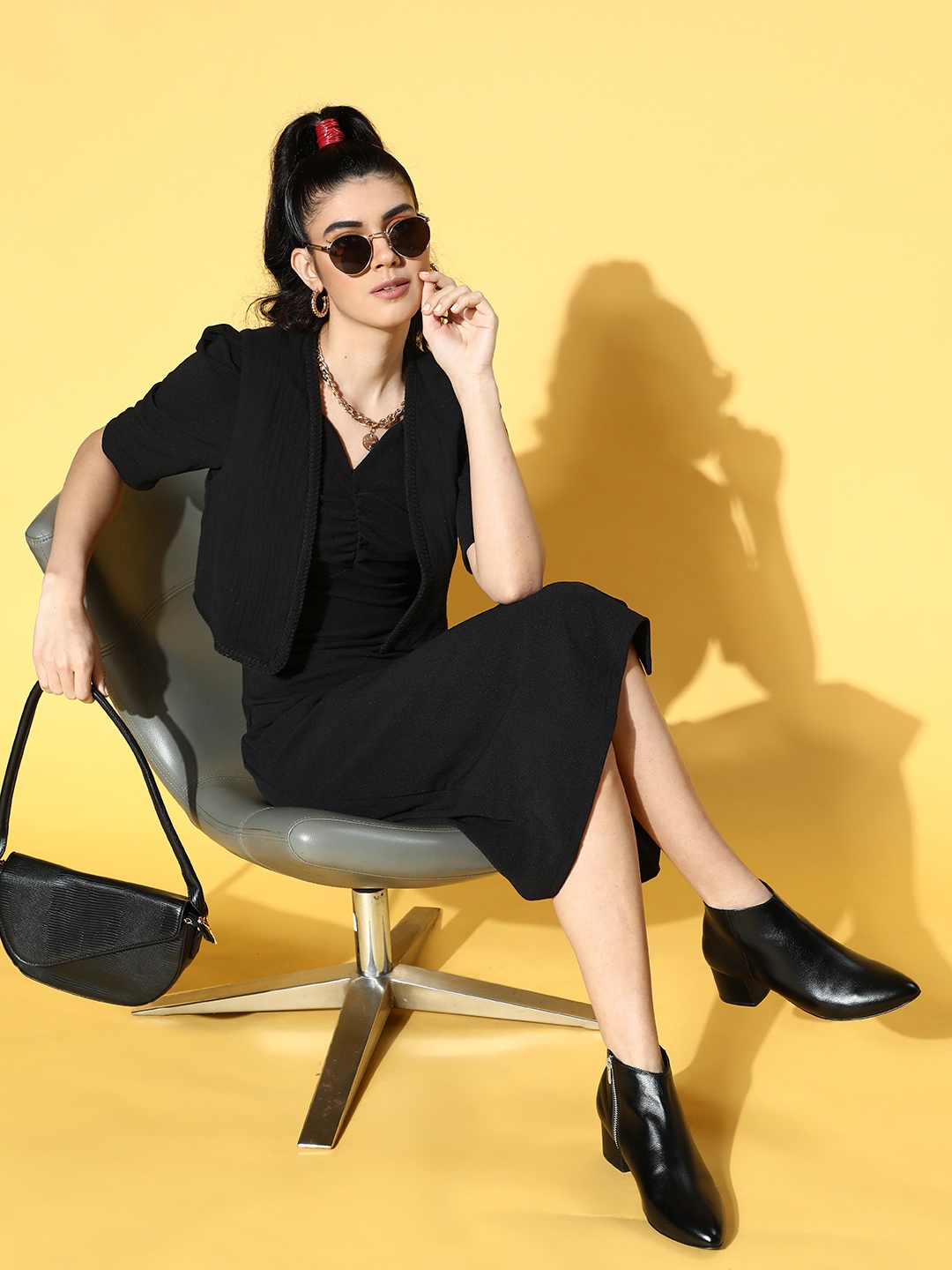 

plusS Women Stylish Black Solid Volume Play Dress