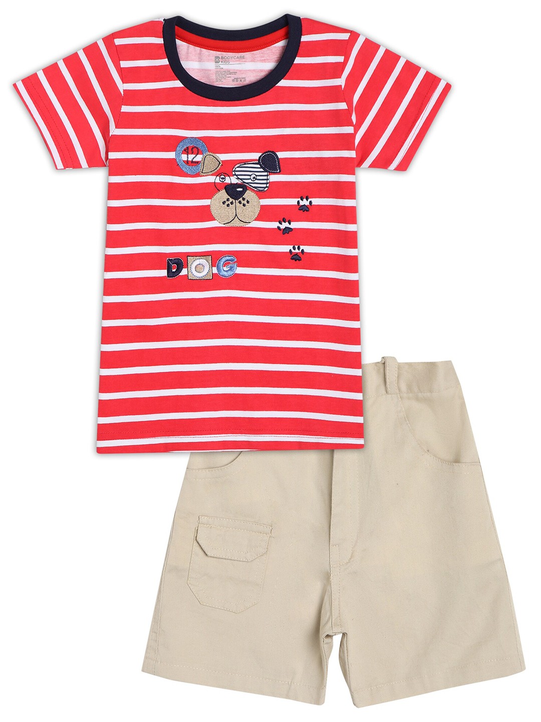 

Bodycare Kids Red & Beige Striped T-shirt & Shorts Co-Ord Set