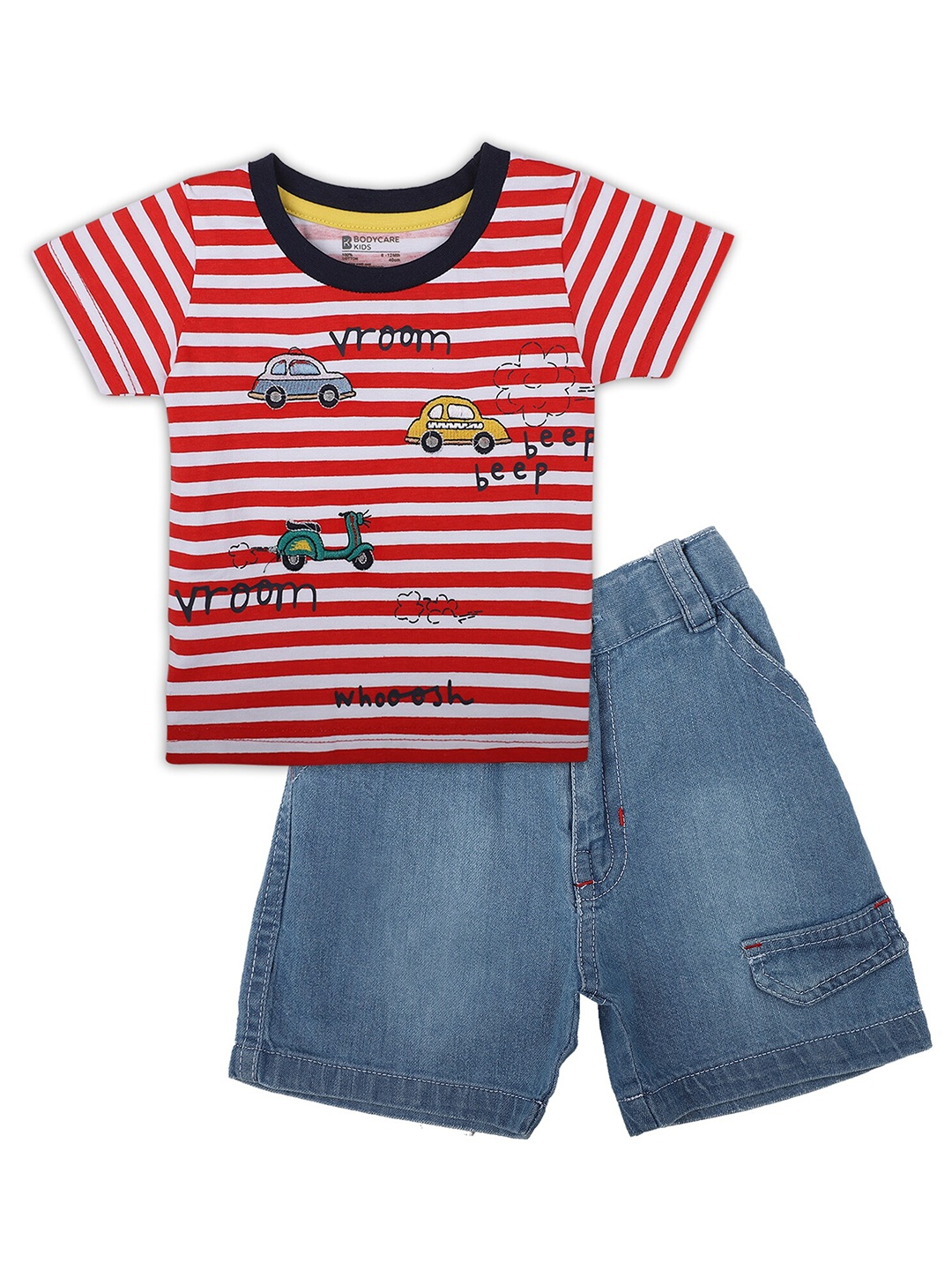 

Bodycare Kids Boys Red & Blue Printed Short Sleeves Pure Cotton Co-Ords Set