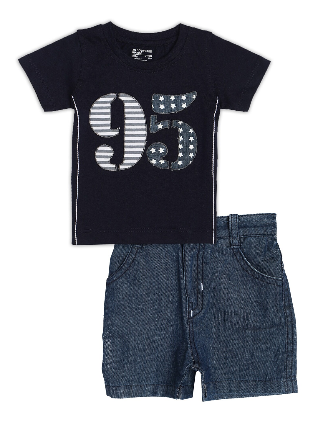 

Bodycare Kids Boys Navy Blue & Denim Blue Printed Short Sleeves Pure Cotton Co-Ords Set