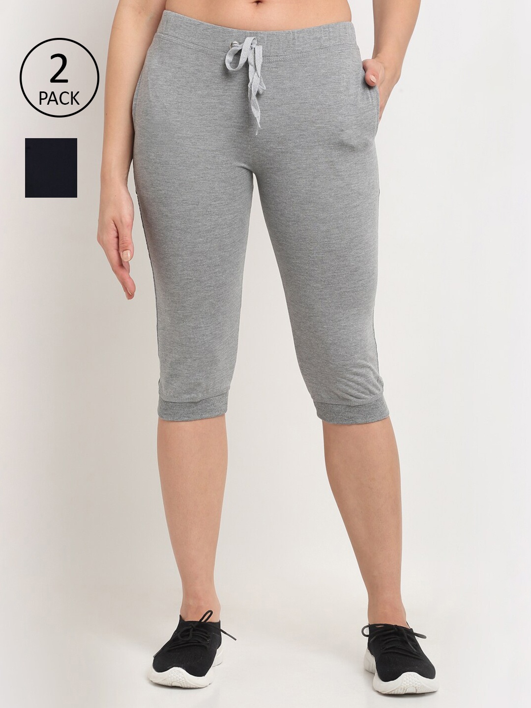 

VIMAL JONNEY Women Grey & Navy Blue Pack Of 2 Solid Cotton Capris