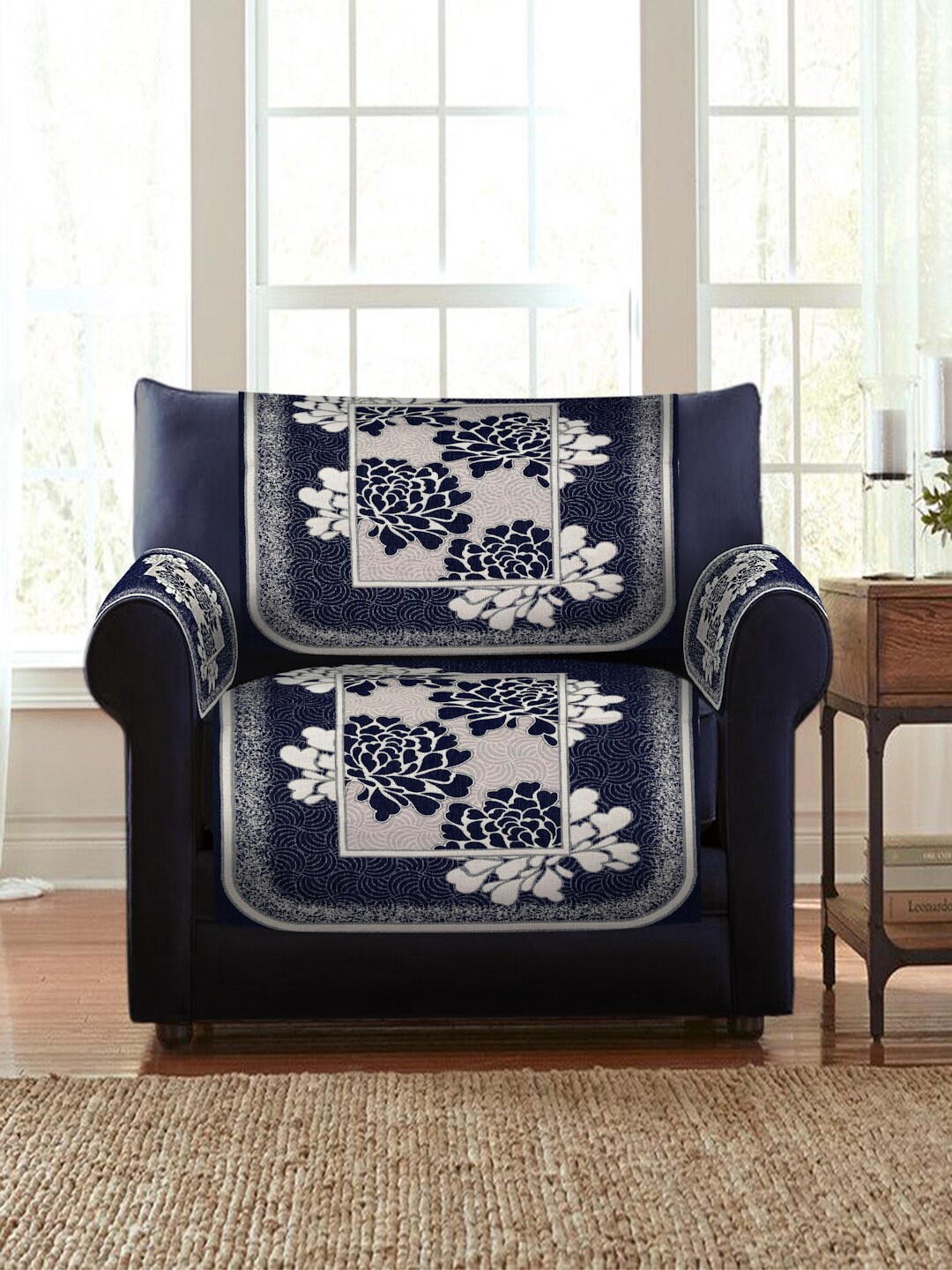 

HOSTA HOMES Navy Blue & White Self Design Jacquard Velvet 5 Seater Sofa Cover-16 Pieces