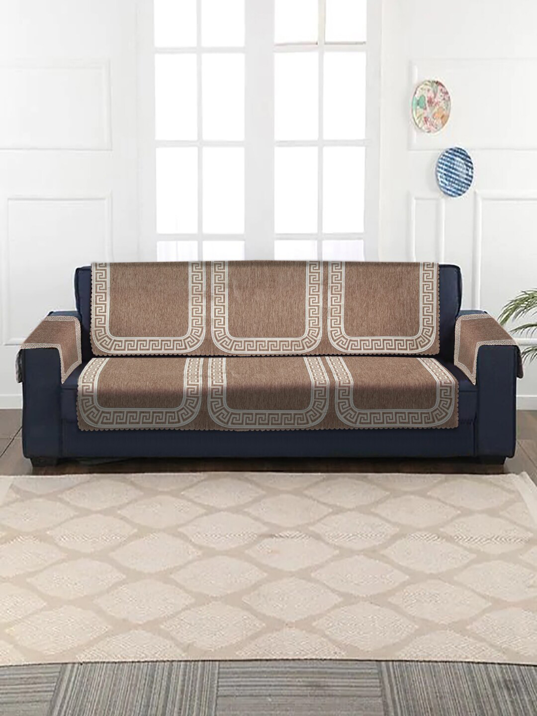 

HOSTA HOMES Brown & Beige Set of 16 Jacquard & Velvet 5 Seater Sofa Cover With Arm Rest