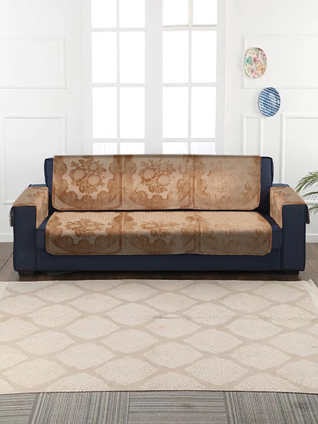 

HOSTA HOMES Set of 16 Beige Self Embossed Velvet 5 Seater Sofa Cover With Arm Rest