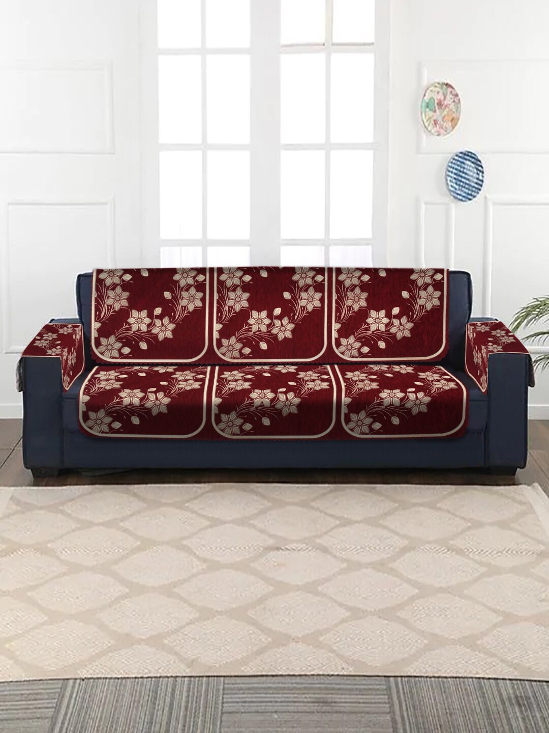 

HOSTA HOMES Maroon & Beige Jacquard Velvet 5-Seater Sofa Cover