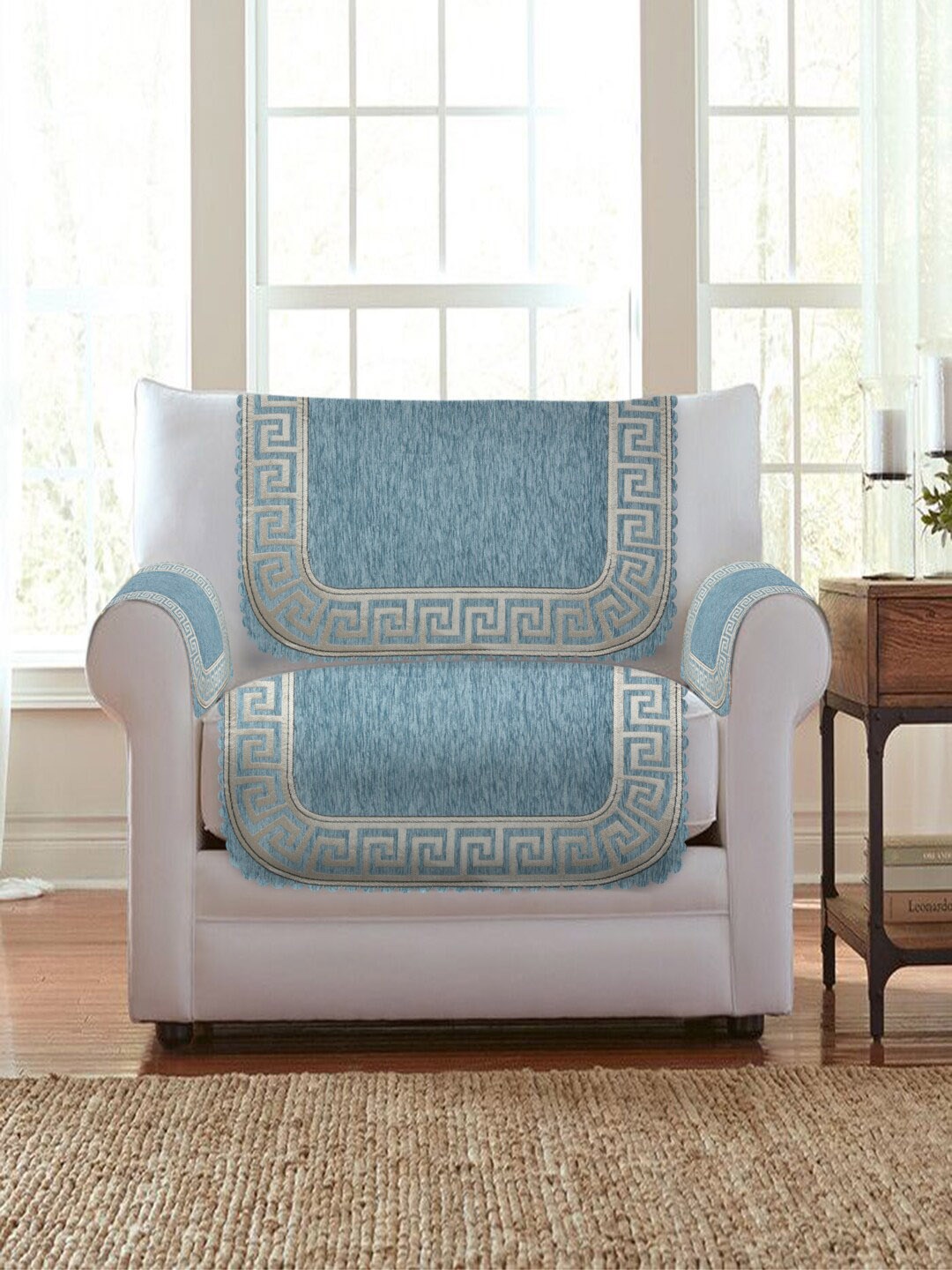

HOSTA HOMES Blue & Cream Colored Jacquard Velvet 5 Seater Sofa Cover with Arm Rest Covers