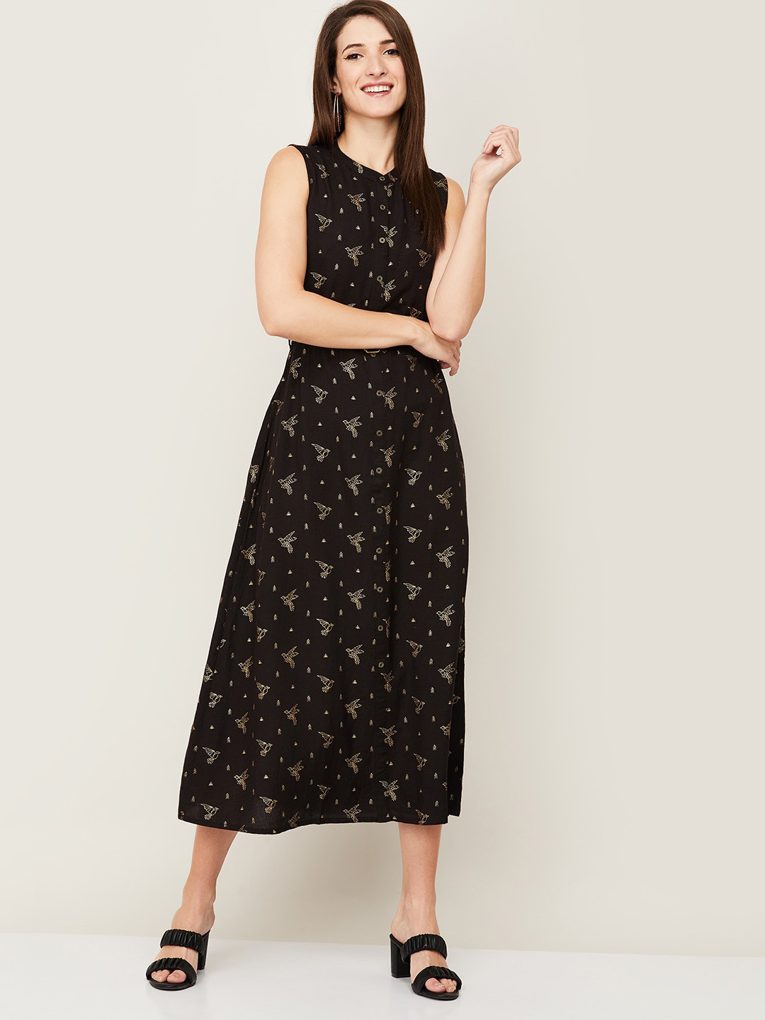 

Colour Me by Melange Black & Gold-Toned Ethnic Motifs A-Line Dress