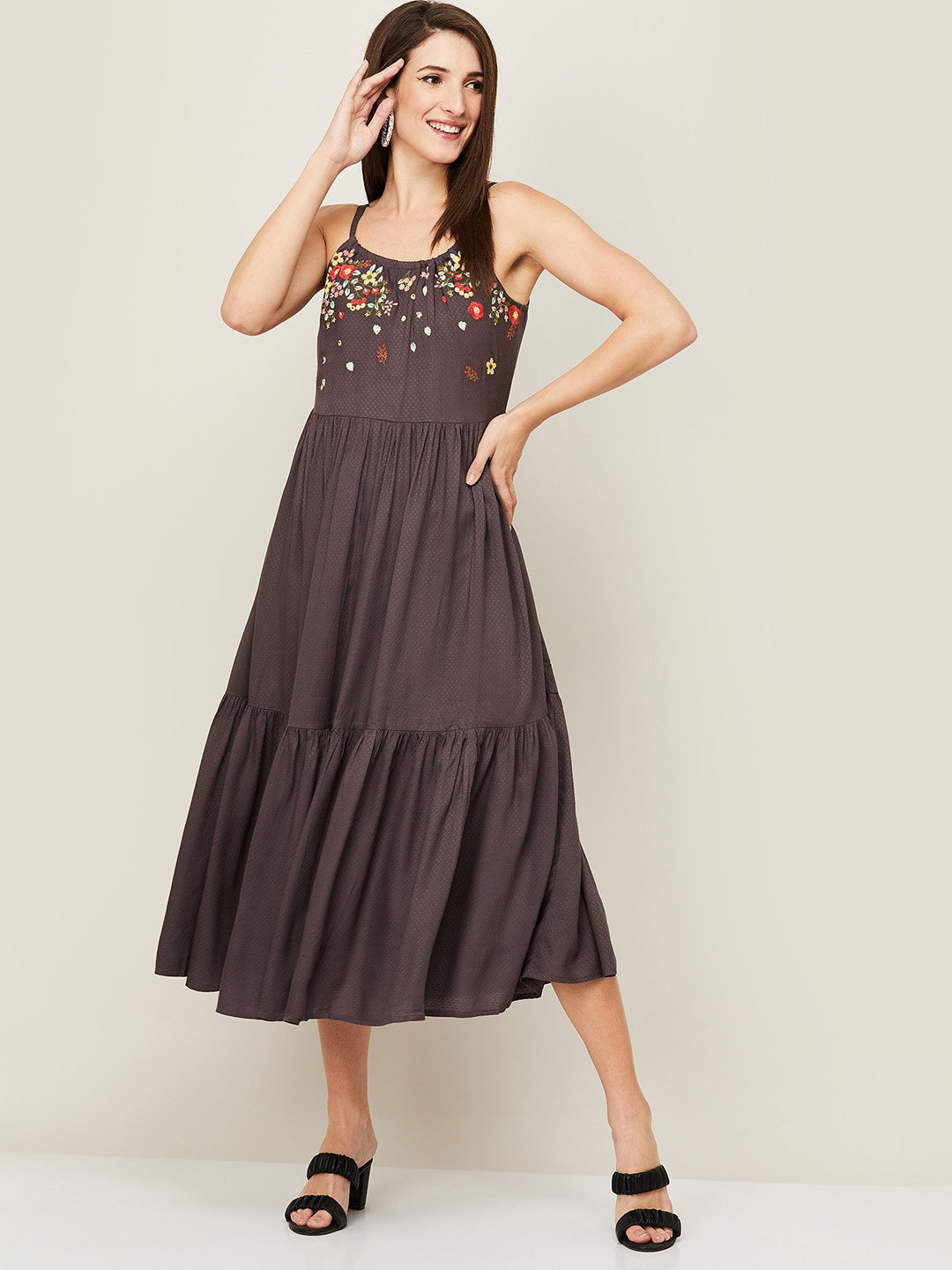 

Colour Me by Melange Grey Floral Embroidered A-Line Tiered Midi Dress