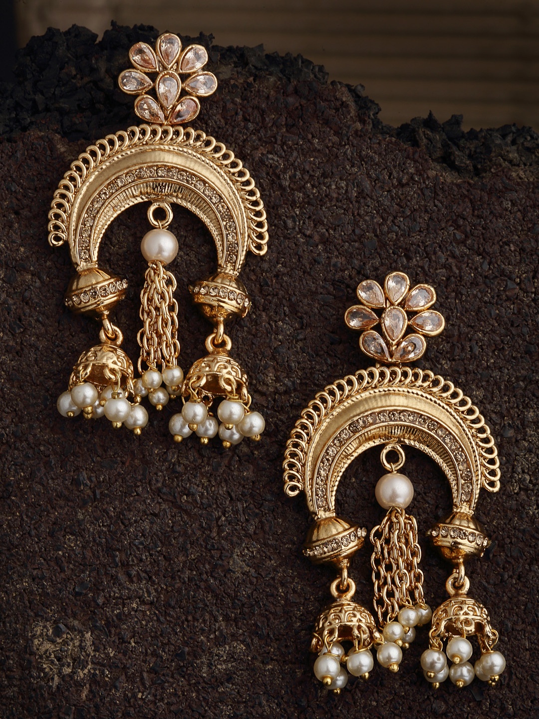 

PANASH Gold-Plated Stone Studded Crescent Shaped Drop Earrings