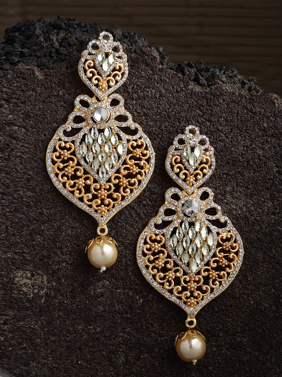 

PANASH Gold-Plated CZ Stone Leaf Shaped Handcrafted Drop Earrings