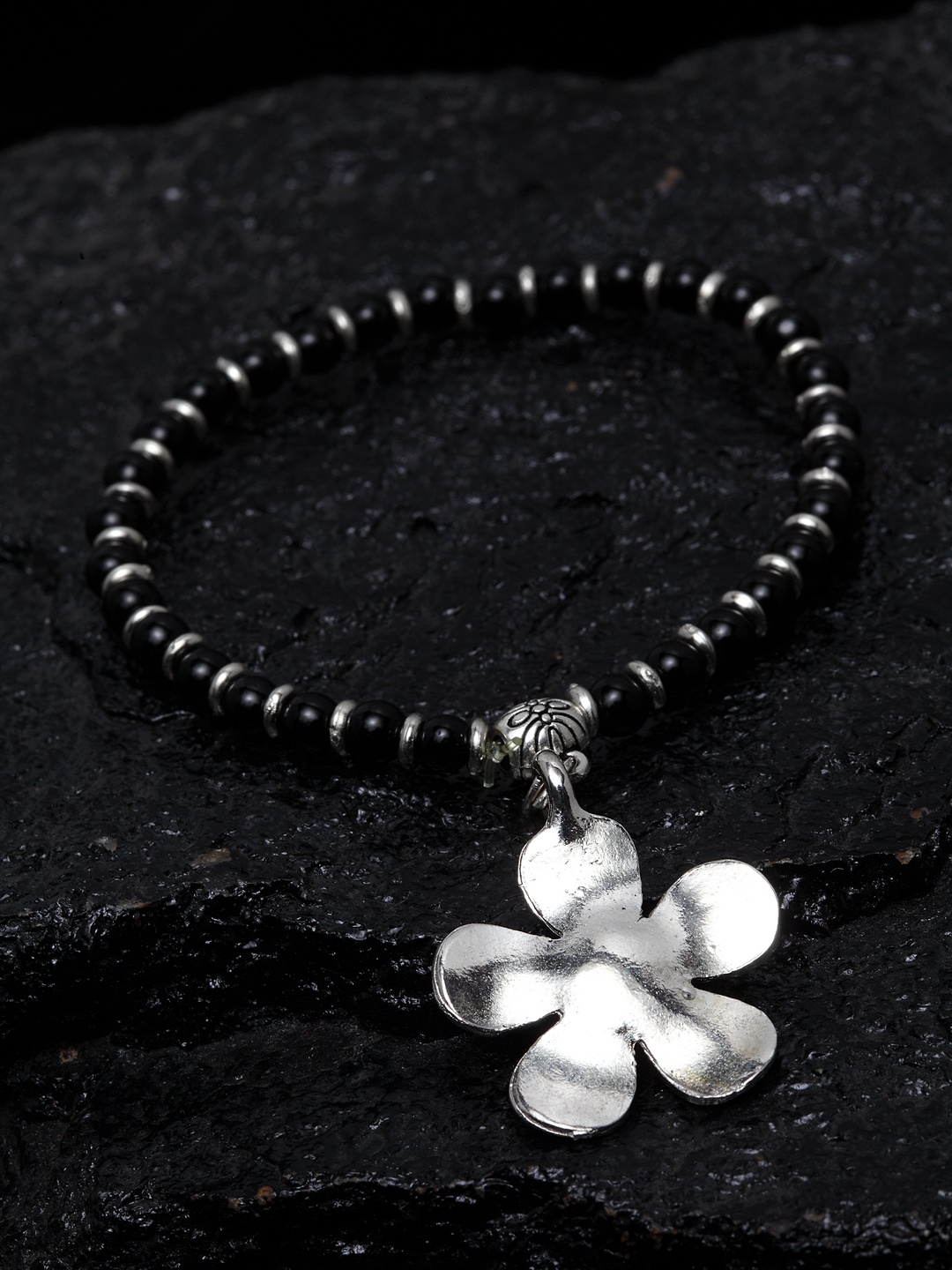 

PANASH Oxidized Floral Black Beaded Anklet, Silver