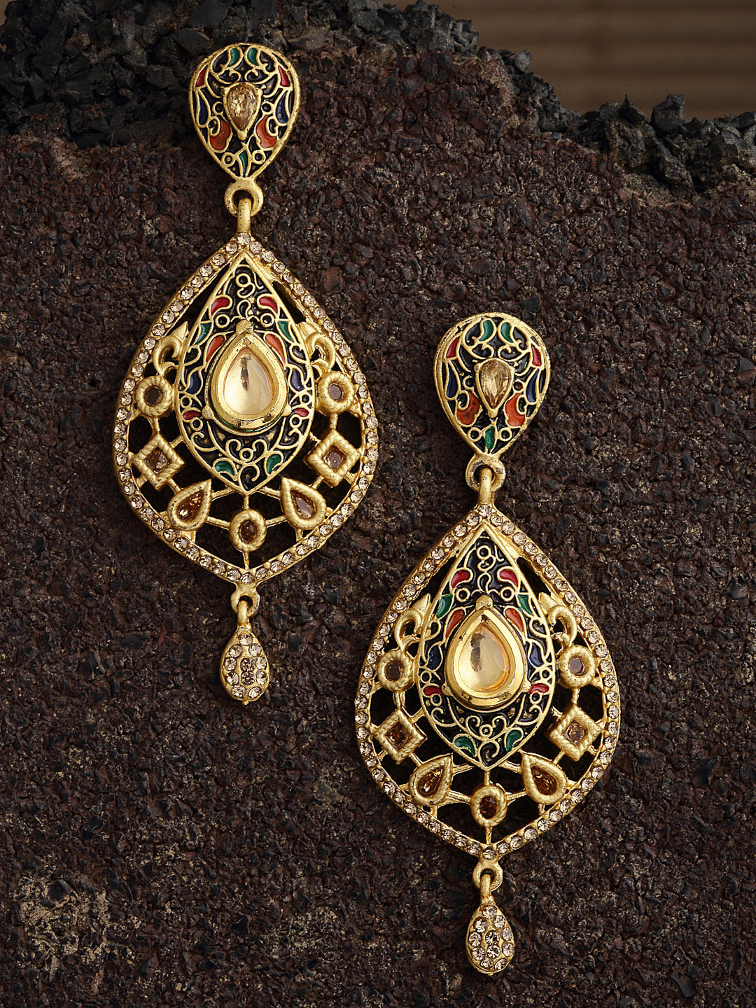 

PANASH Gold-Plated Kundan Teardrop Shaped Enamelled Drop Earrings