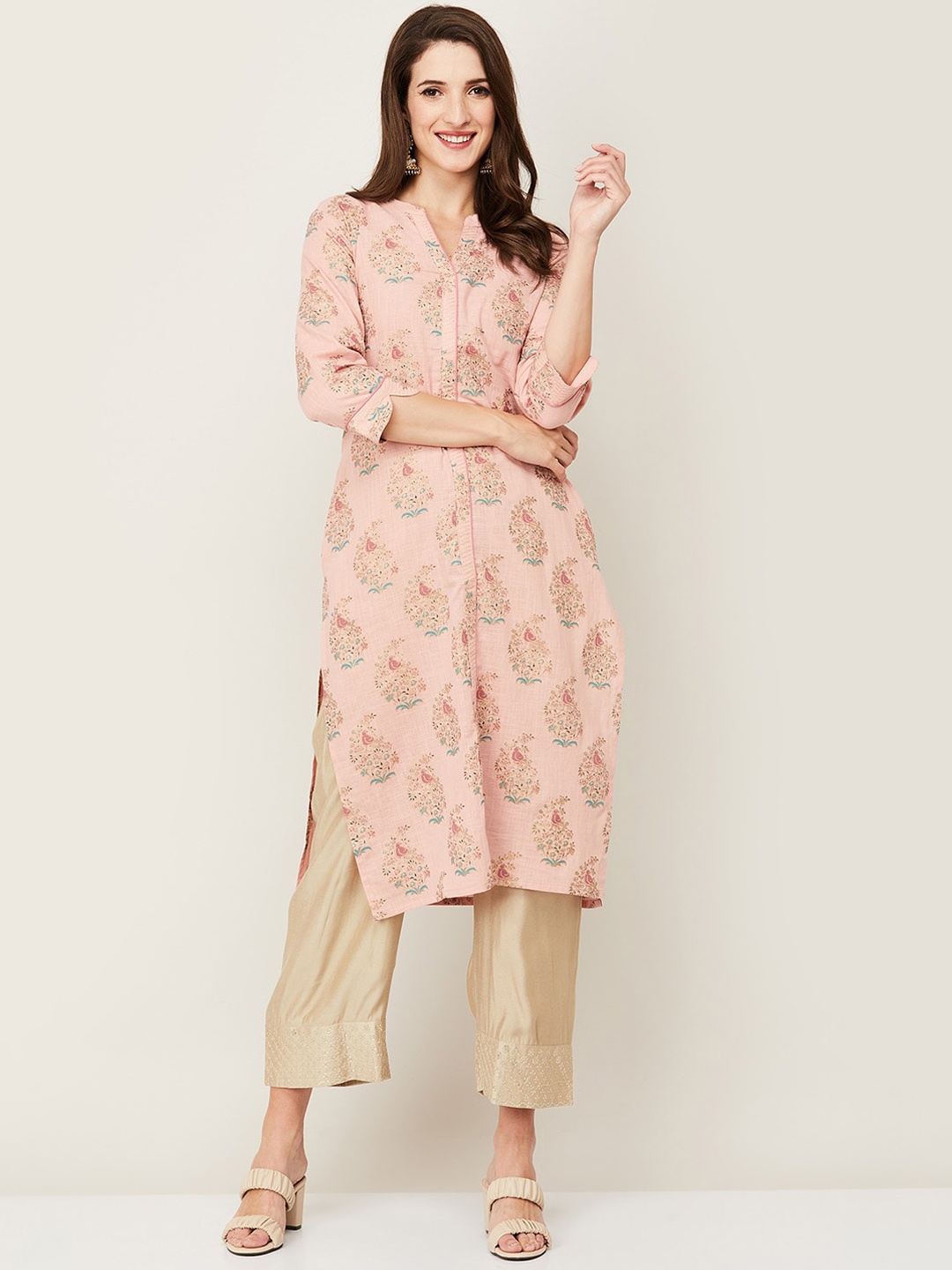 

Melange by Lifestyle Women Beige & Gold-Toned Ethnic Motifs Printed Cotton Staight Kurta
