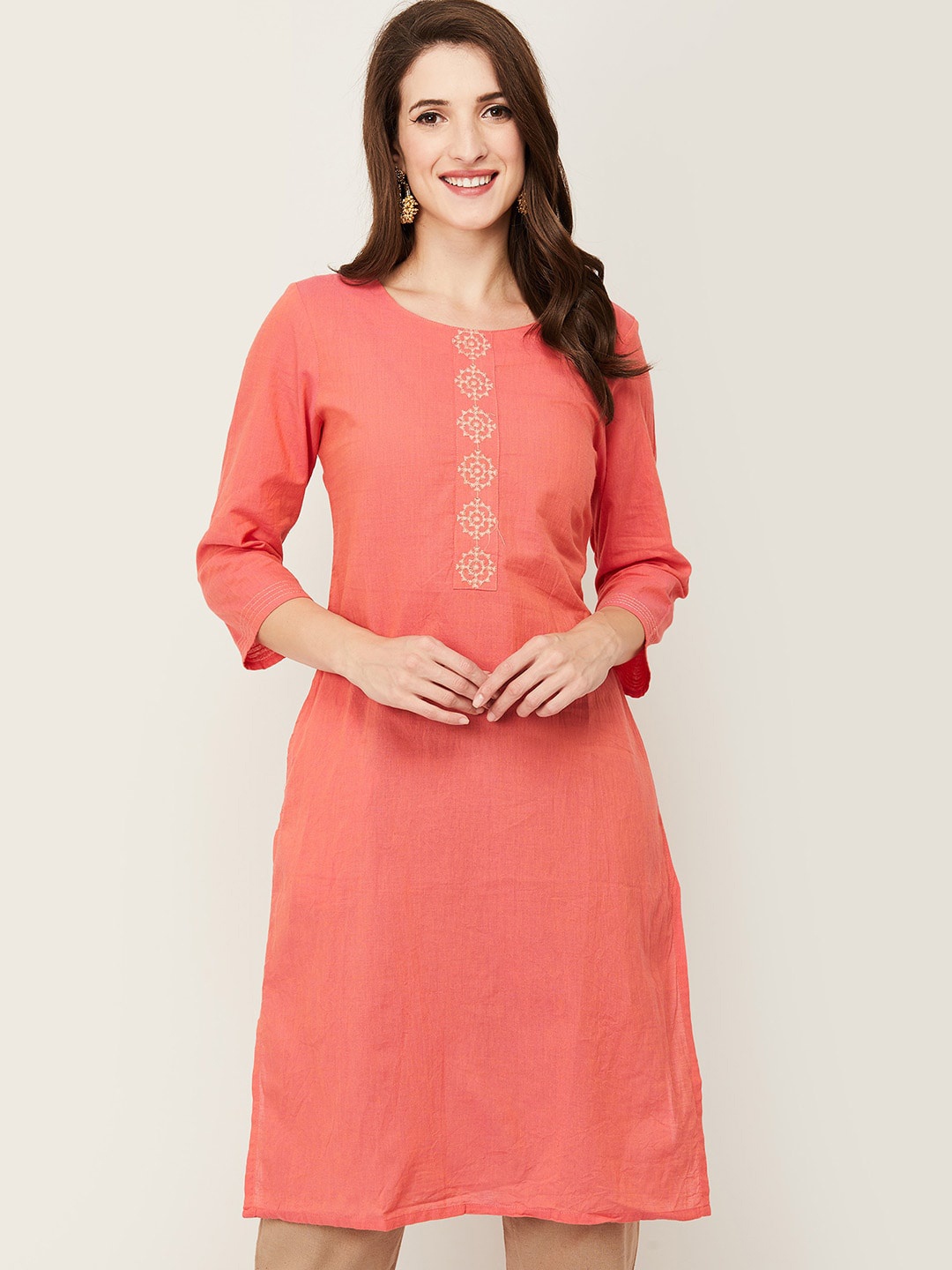 

Melange by Lifestyle Women Coral Geometric Yoke Design Thread Work Kurta