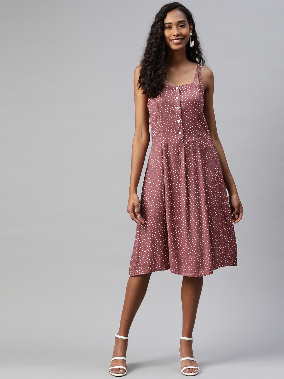 

Ayaany Dusty Pink & White Polka Dot Print Fit & Flare Dress, Rose