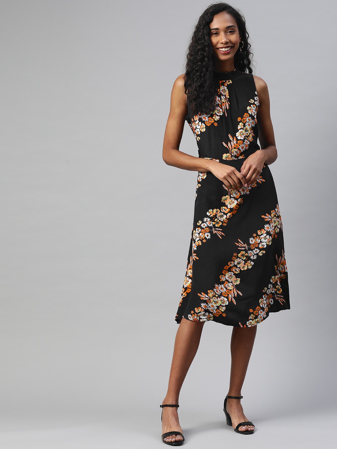 

Ayaany Black & Orange Floral Print A-Line Dress