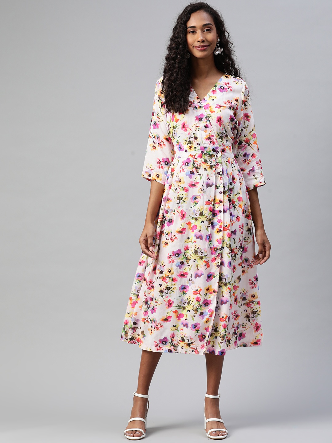 

Ayaany Off White & Pink Floral Print Cotton Wrap Midi Dress