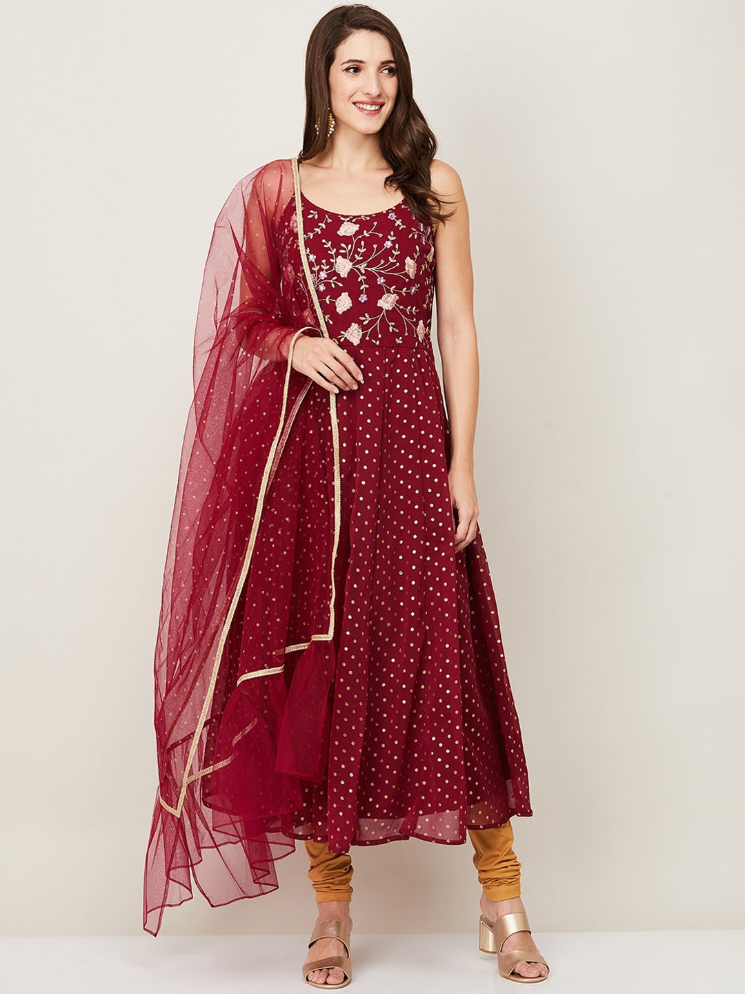 

Melange by Lifestyle Women Maroon Embroidered Anarkali Kurta with Churidar &Dupatta