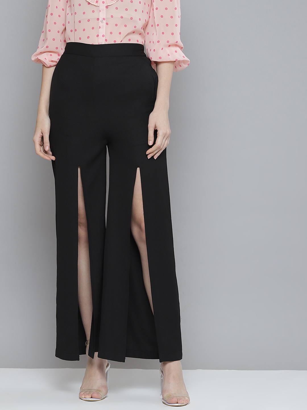 

SASSAFRAS Women Black Flared Front Slit High-Rise Trousers
