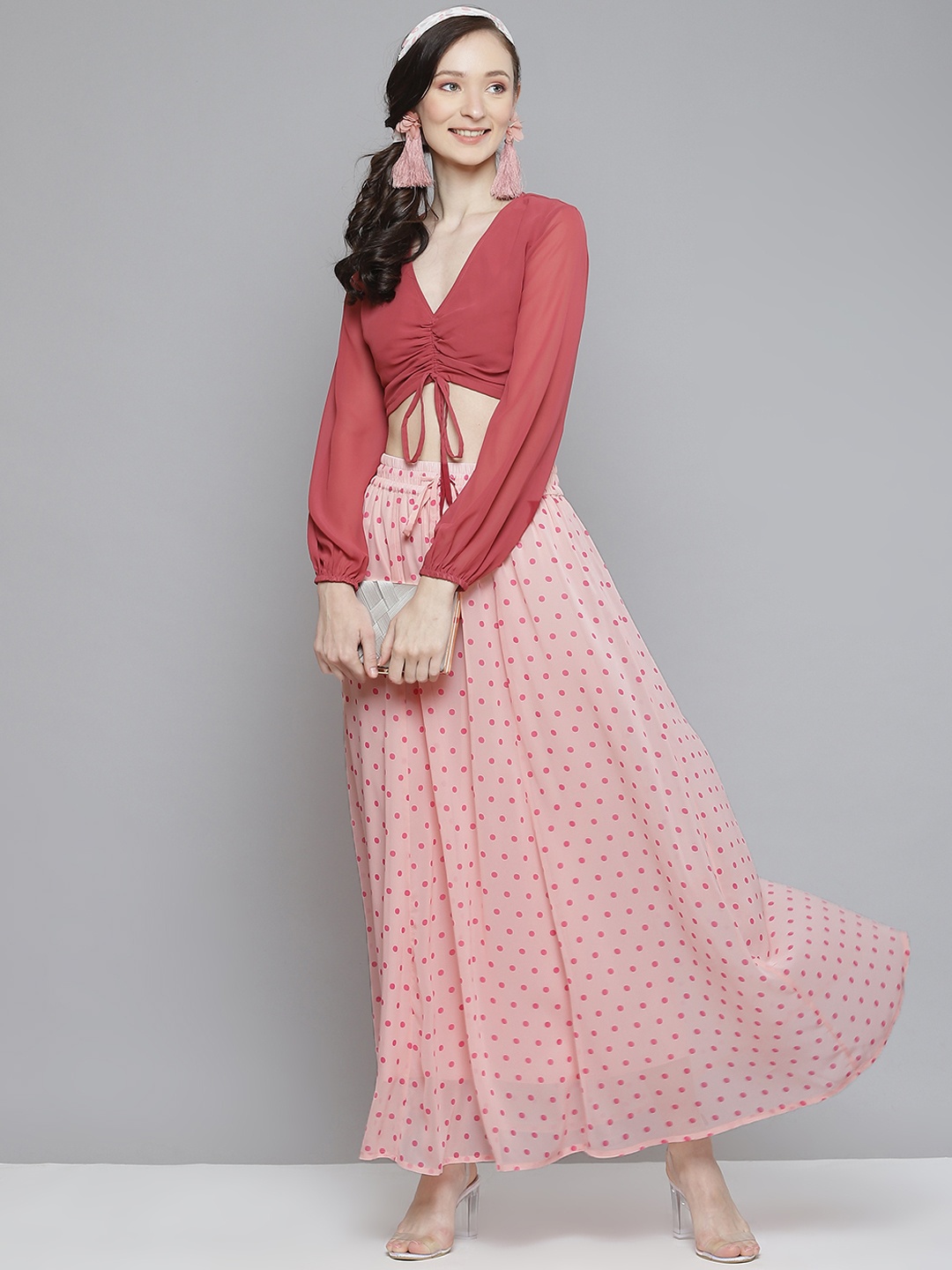 

SASSAFRAS Women Pink Polka Dots Printed Maxi Flared Skirt