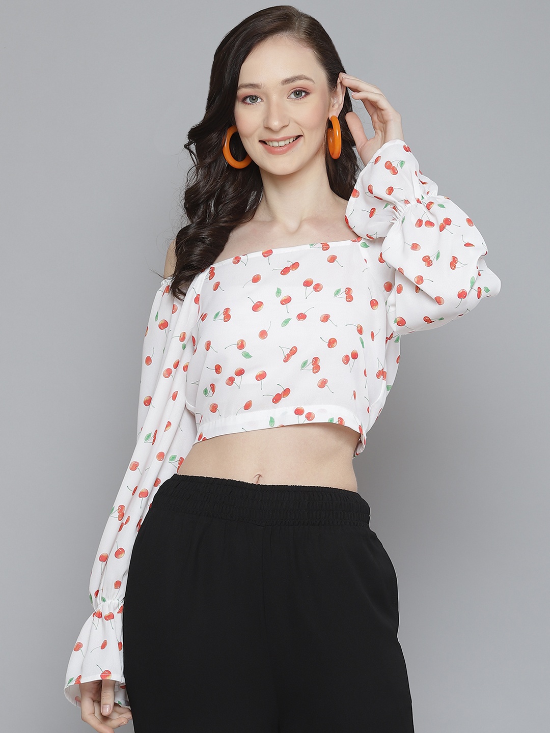 

SASSAFRAS White & Red Print Off-Shoulder Blouson Crop Top