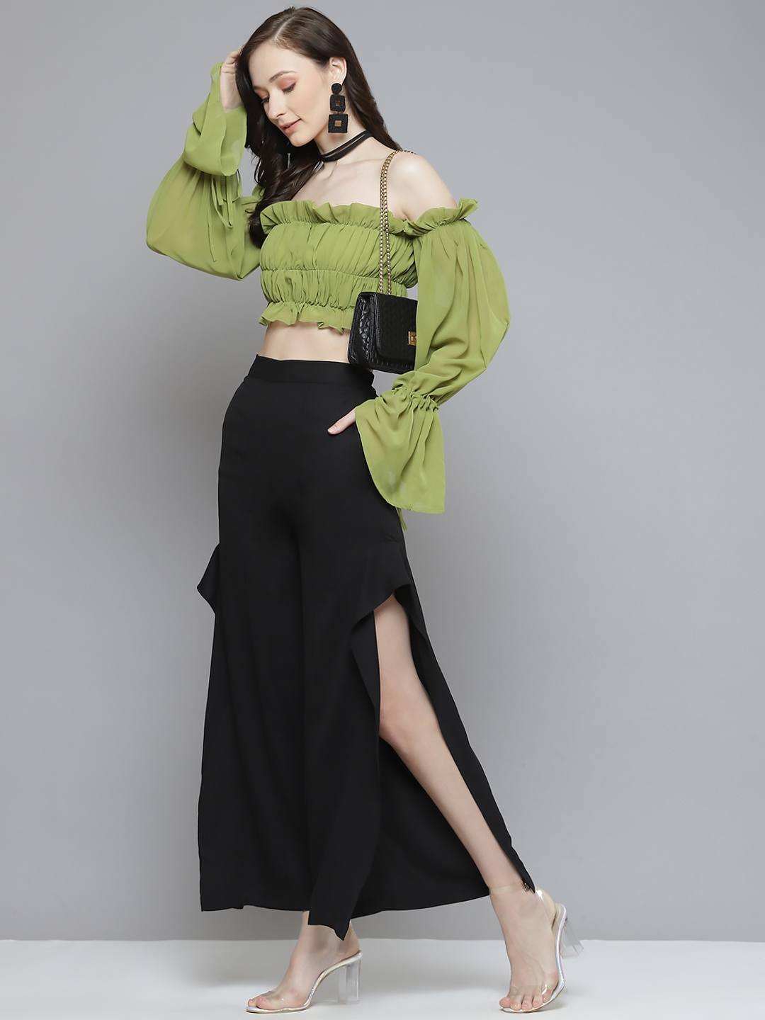 

SASSAFRAS Women Black Flared High-Rise Side Slit Trousers