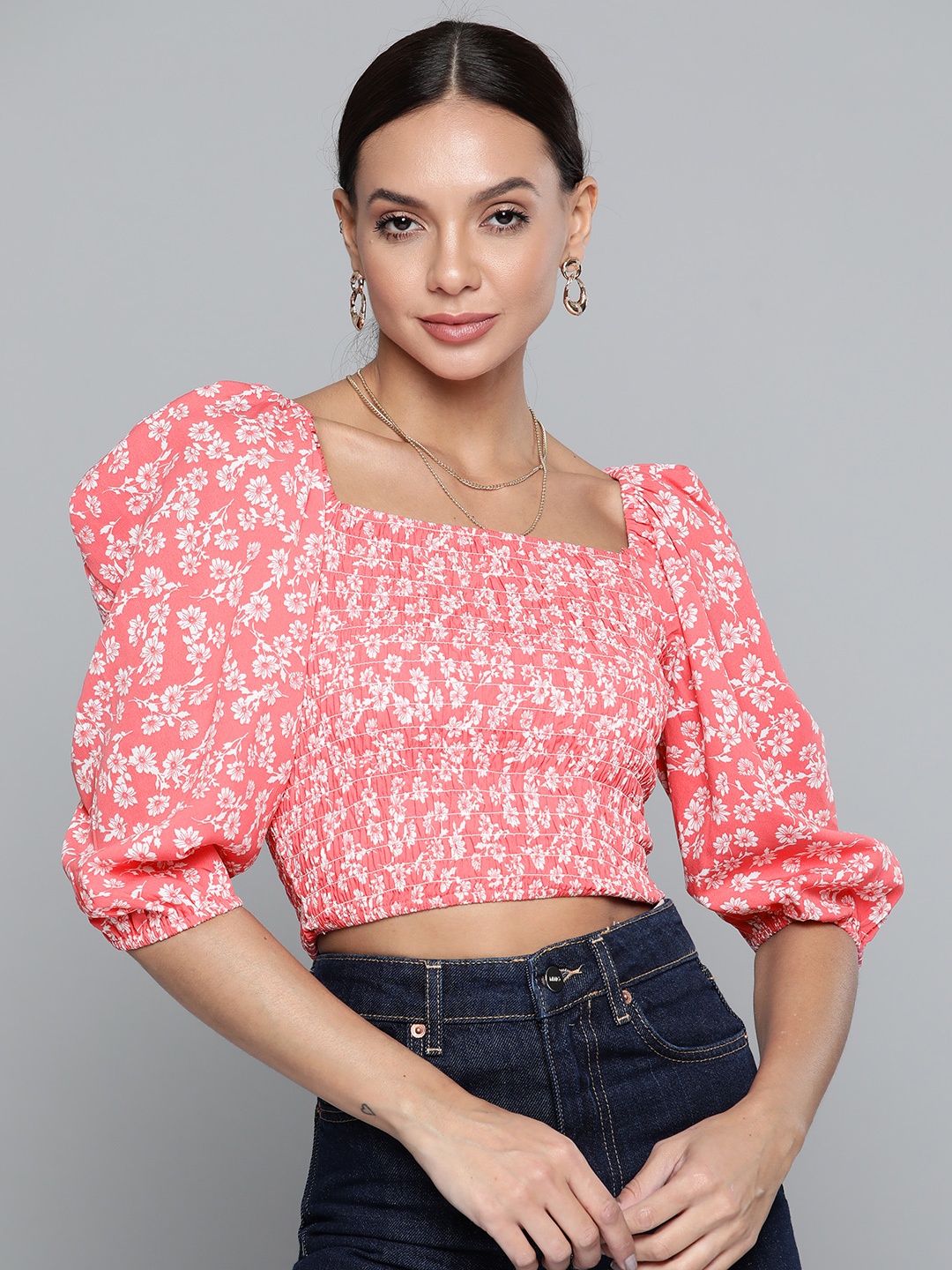 

SASSAFRAS Red & White Floral Print Smocked Crepe Crop Top