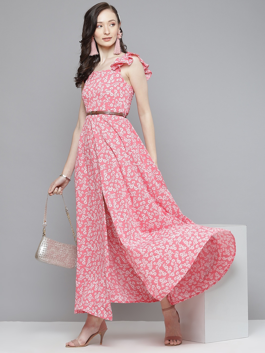 

SASSAFRAS Pink & White Floral Maxi Dress with Belt