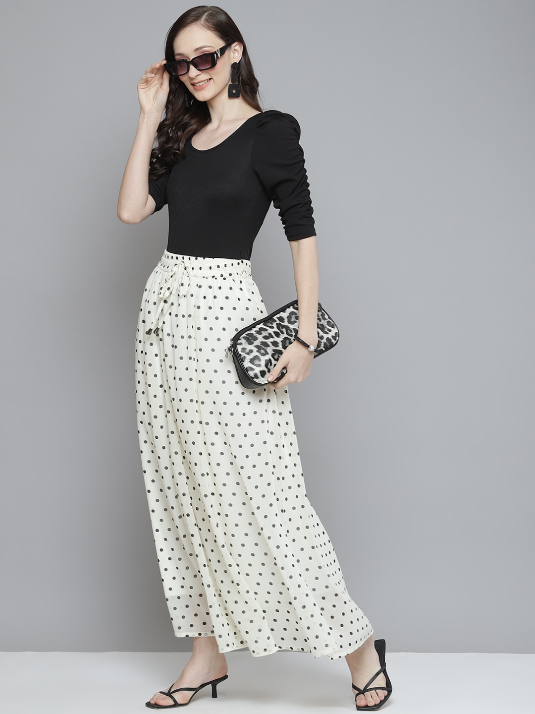 

SASSAFRAS Women White & Black Polka Dots Printed Maxi A-Line Skirt