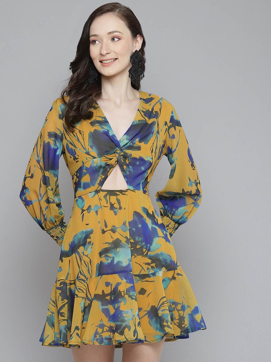 

SASSAFRAS Floral Georgette A-Line Dress, Mustard