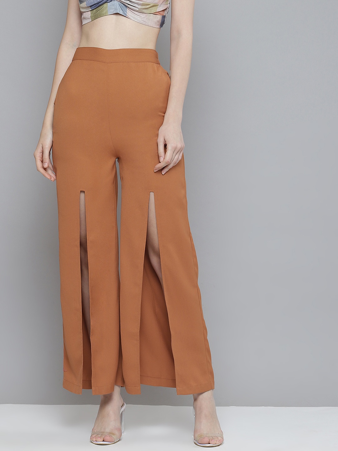 

SASSAFRAS Women Orange Flared Front Slit High-Rise Pleated Trousers
