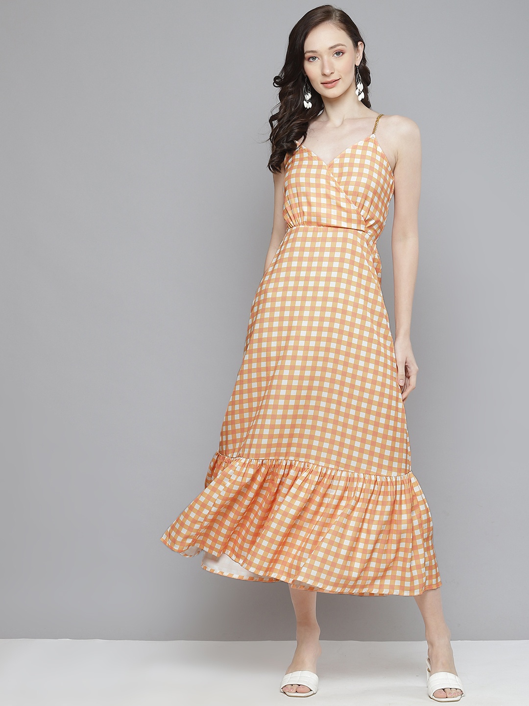 

SASSAFRAS Women Peach-Coloured & White Checked Midi Flounce Hem Wrap Dress