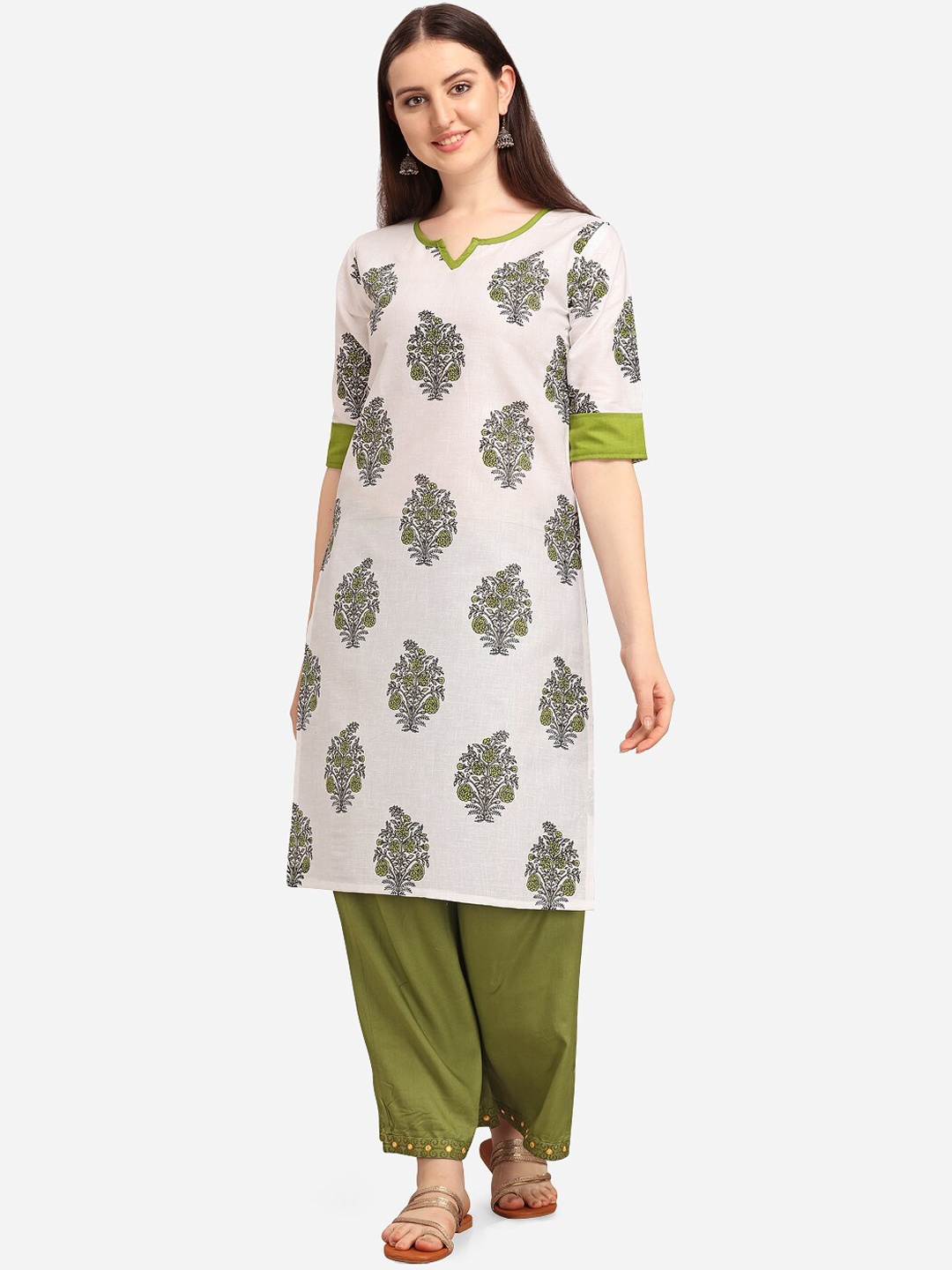 

KALINI Women White Floral Printed Thread Work Anarkali Kurta