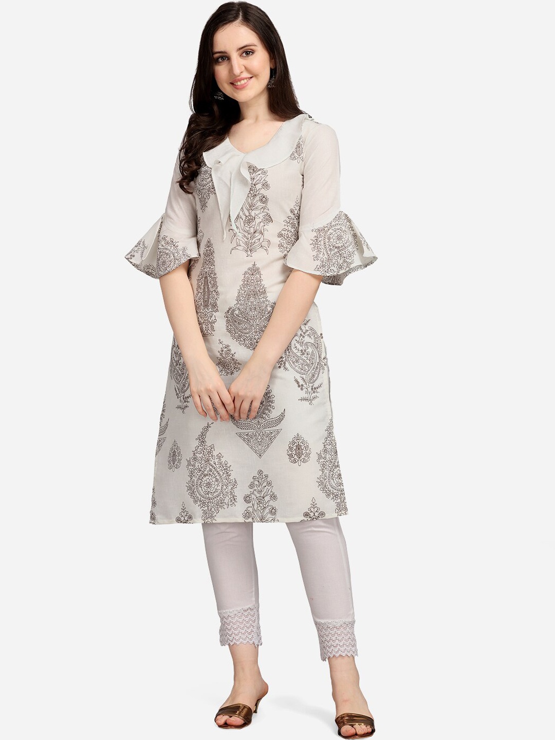 

KALINI Women White Floral Printed Bell Sleeves Kurta