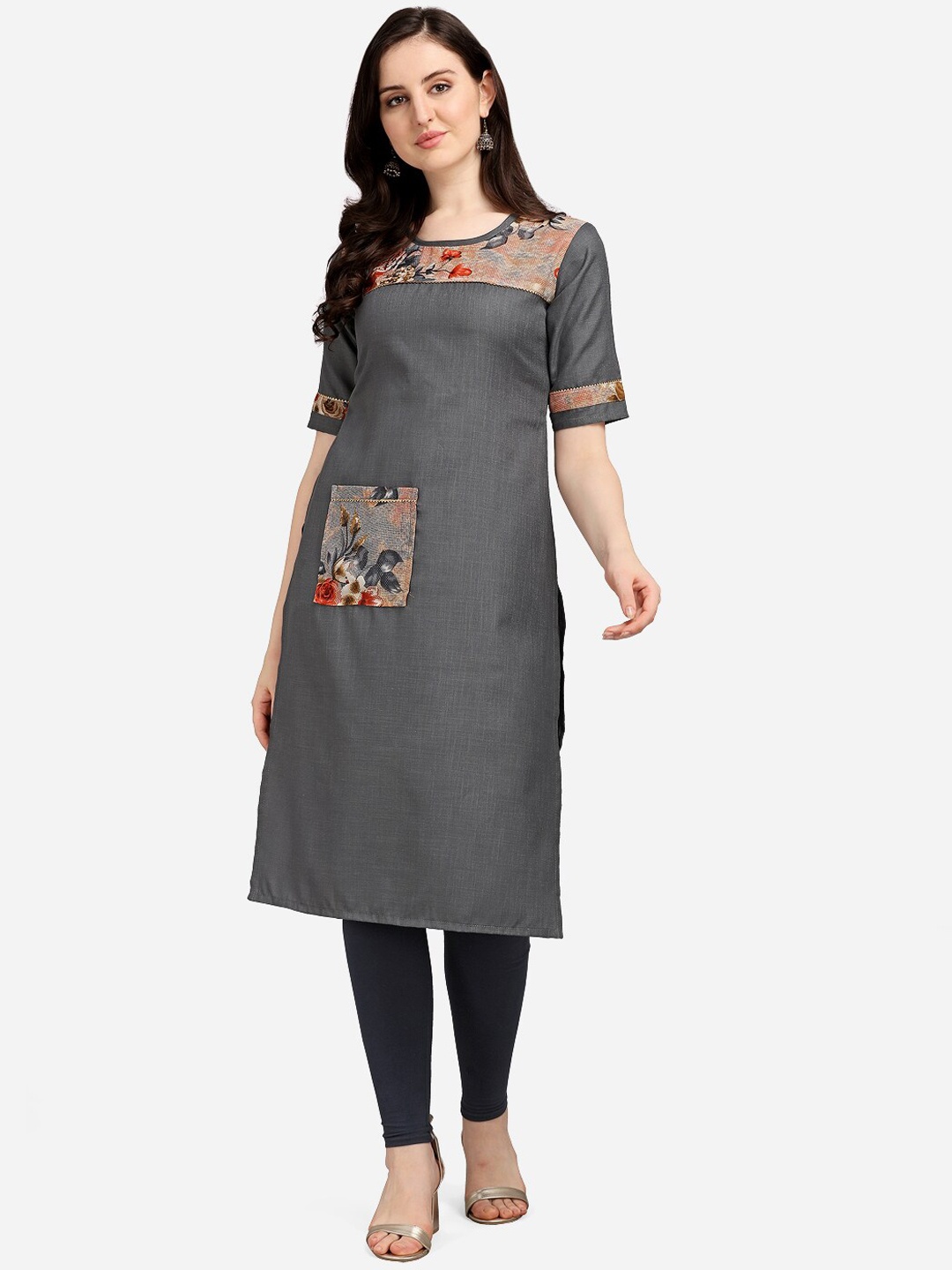 

KALINI Women Grey Floral Printed Straight Kurta