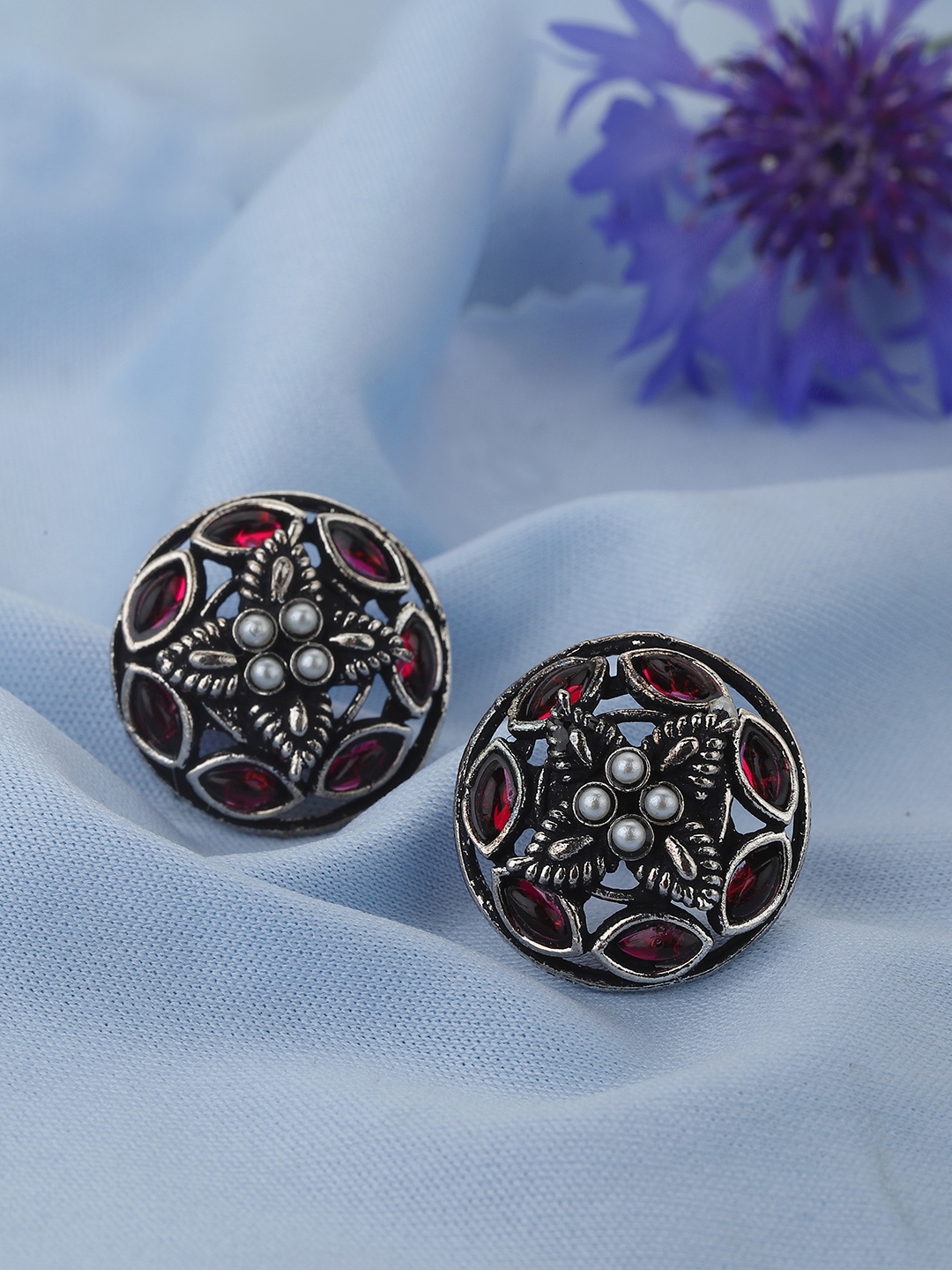 

KOLHA-BY CARLTON Silver-Toned & Pink Stone Studded Circular Studs