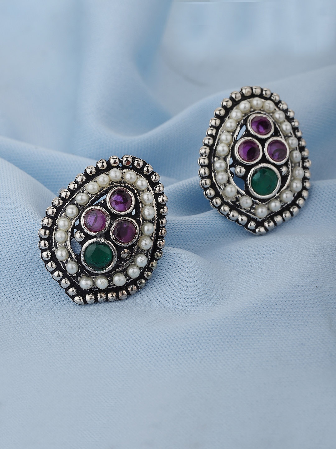

KOLHA-BY CARLTON Oxidised Silver-Toned & Pink Stone Studded & Beaded Oval Studs Earrings