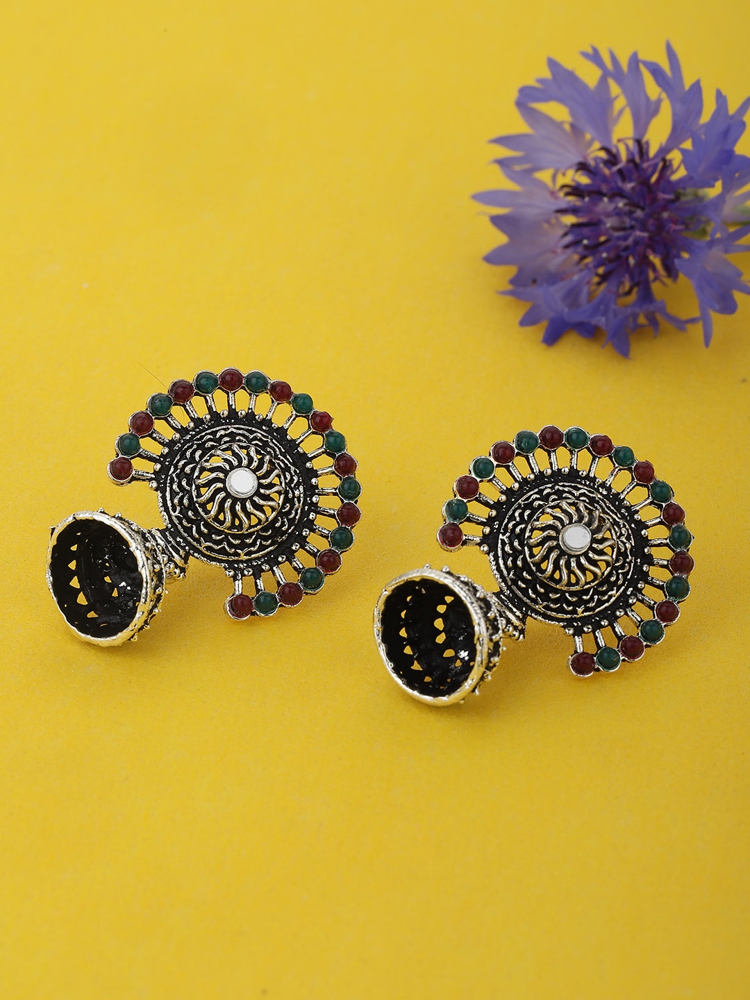 

KOLHA-BY CARLTON Oxidised Silver-Toned & Red Beaded Dome Shaped Jhumkas Earrings