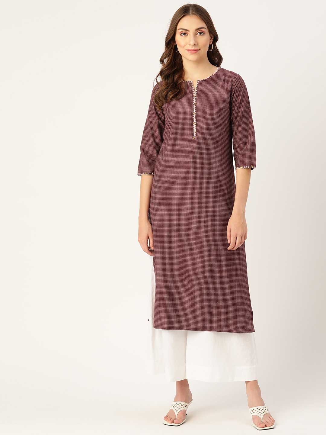 

INDYES Women Burgundy & Cream-Coloured Checked Pure Cotton Thread Work Kurta