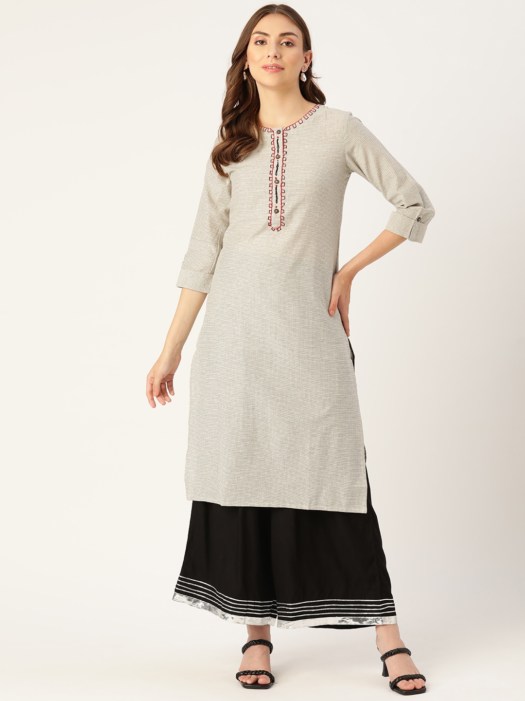 

INDYES Women Cream-Coloured & Black Checked Pure Cotton Thread Work Kurta