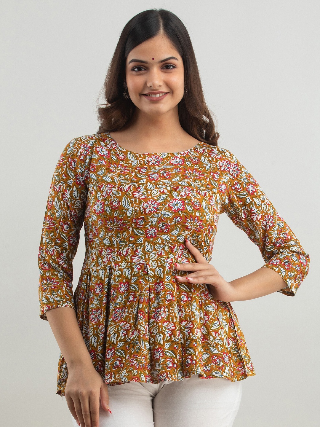 

Women Touch Mustard Yellow Floral Print Cinched Waist Top